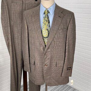 Palm Beach Suit Men 44R 39Wx36L Brown Red Prince Edward Plaid Wool Union USA NWT